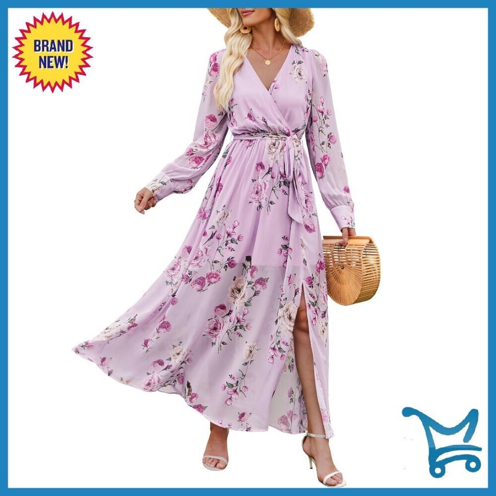 Long Sleeve Floral Maxi Dress Wrap V-Neck Slit Boho Wedding Guest